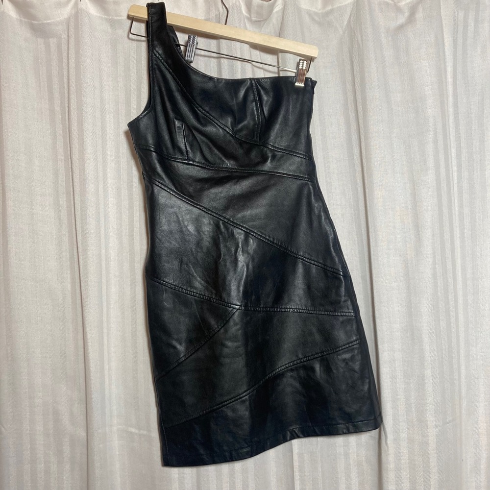ASOS Womens Leather One Shoulder Mini Dress Black Paneled US 4 UK 8  Moto Rocker